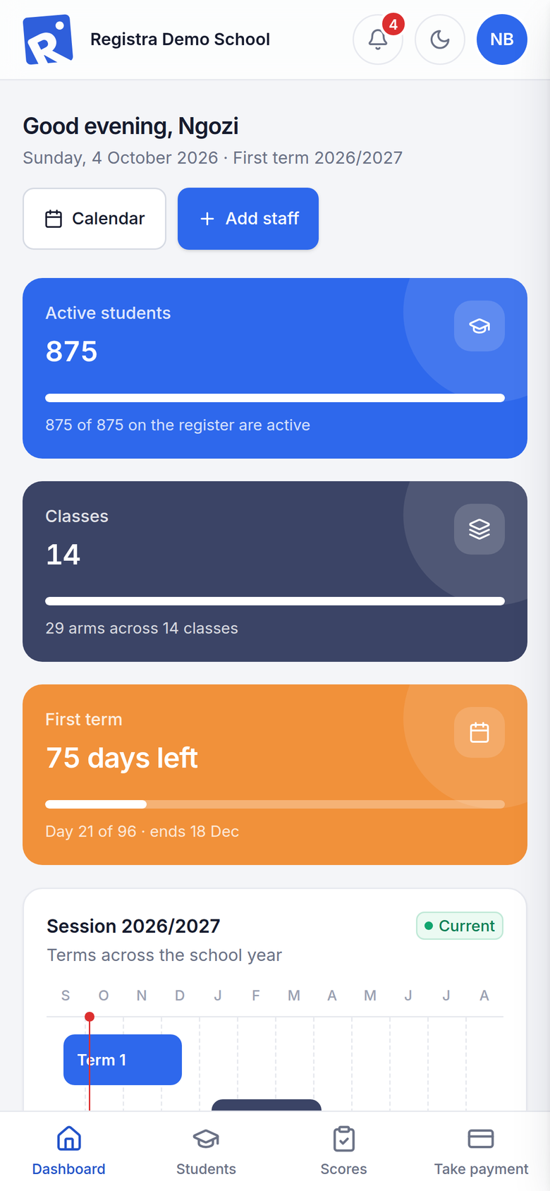 Registra’s dashboard on a phone, with demo data