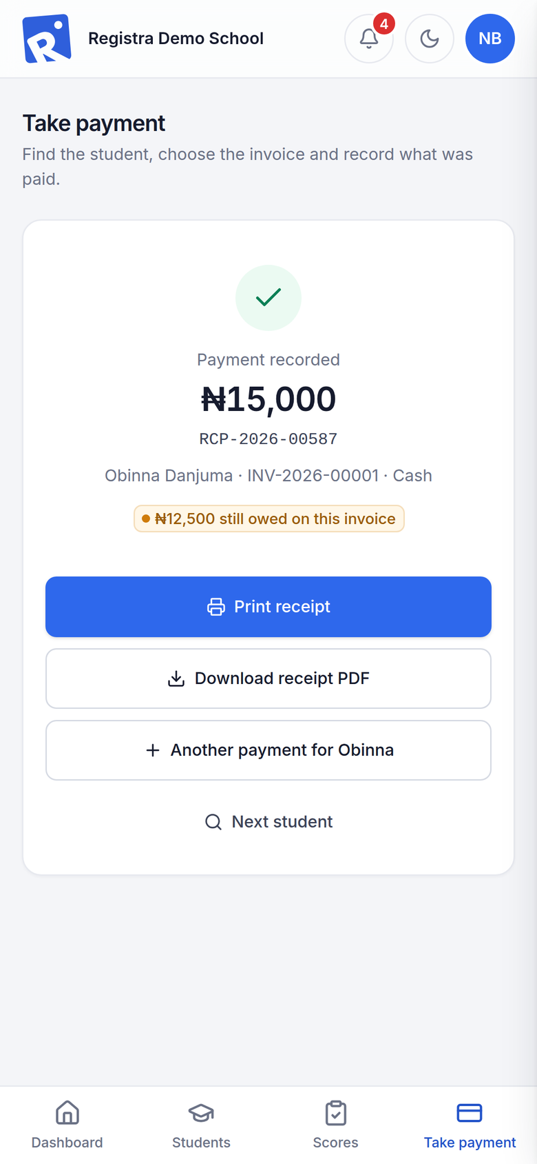 A payment recorded on a phone with its receipt number, with demo data