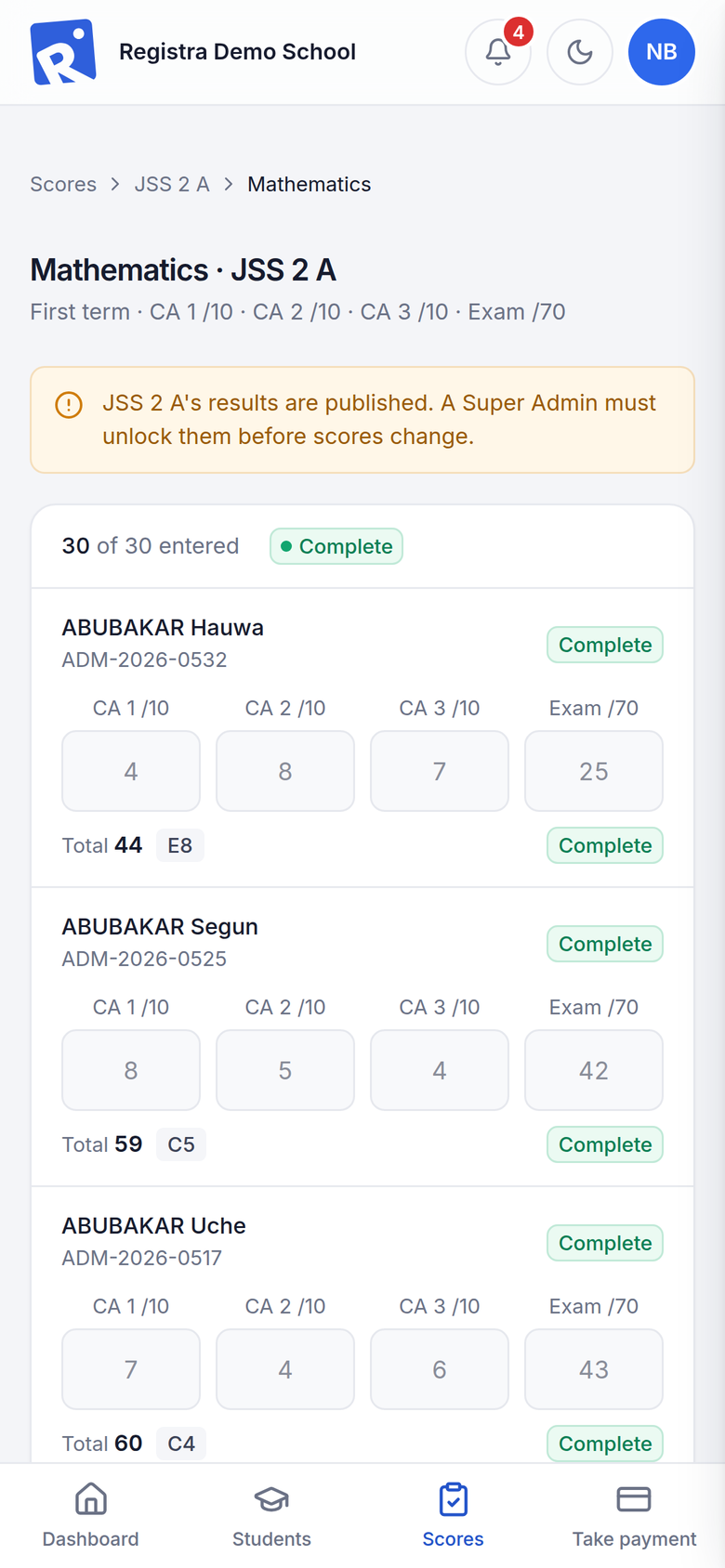 Entering a class’s scores on a phone, with demo data