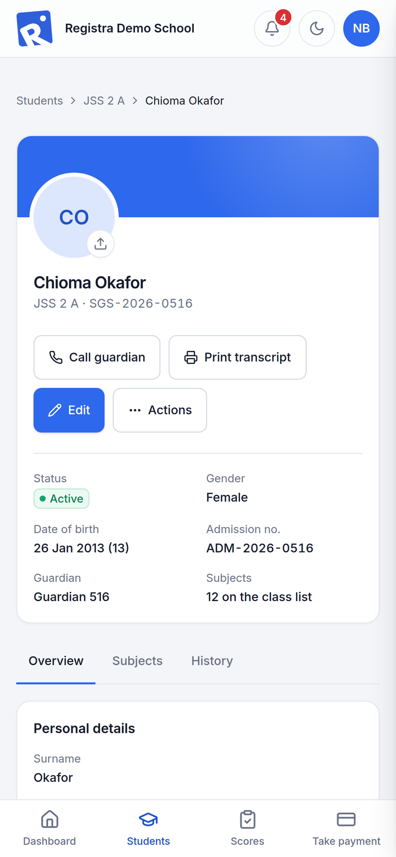 A demo student’s profile on a phone