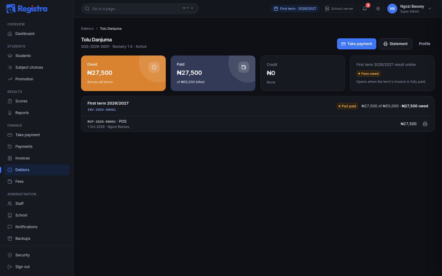 A demo student’s fee account with invoices, payments and balance, in dark mode