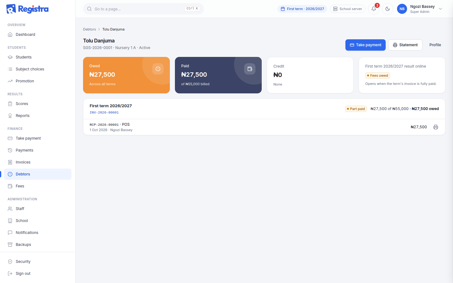 A demo student’s fee account with invoices, payments and balance