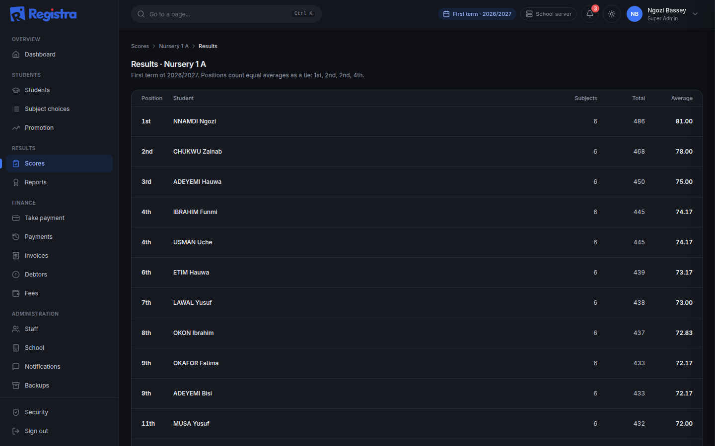 A score sheet for one class and subject that saves as you type, in dark mode
