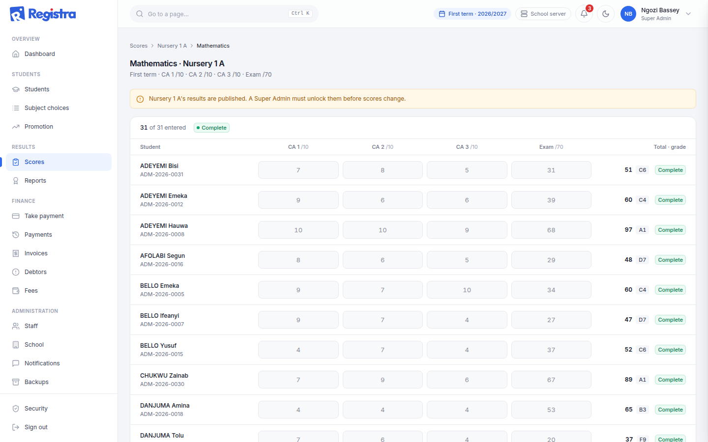 A score sheet for one class and subject that saves as you type