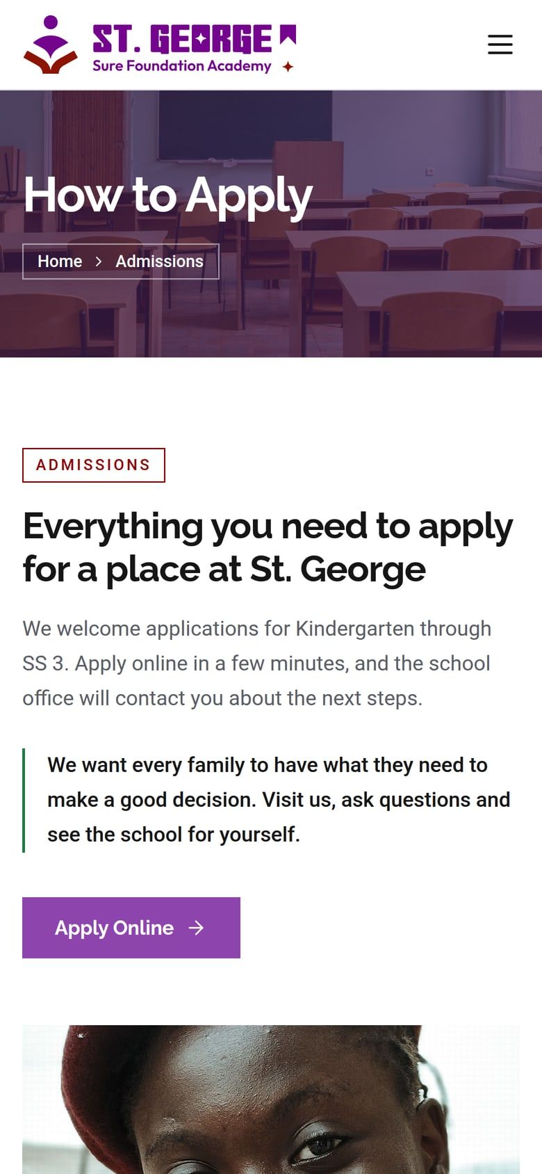 The school website’s admissions page on a phone