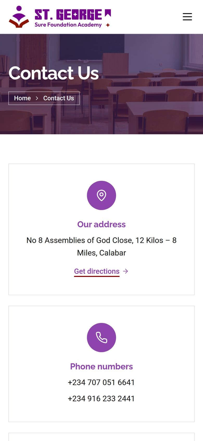 The school website’s contact page on a phone