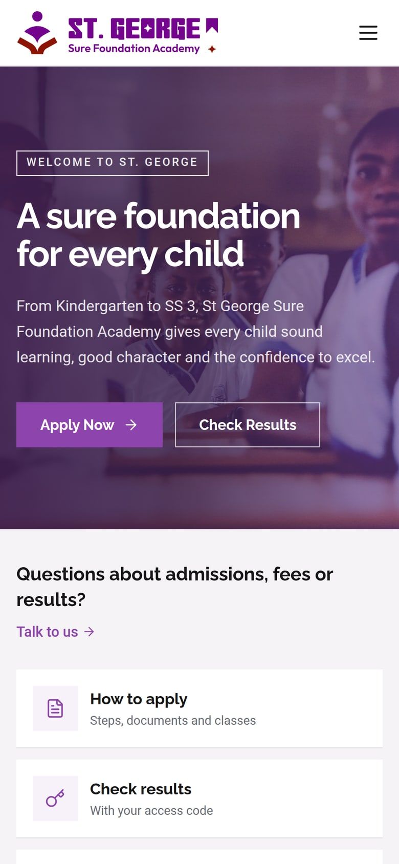 A school’s website home page on a phone