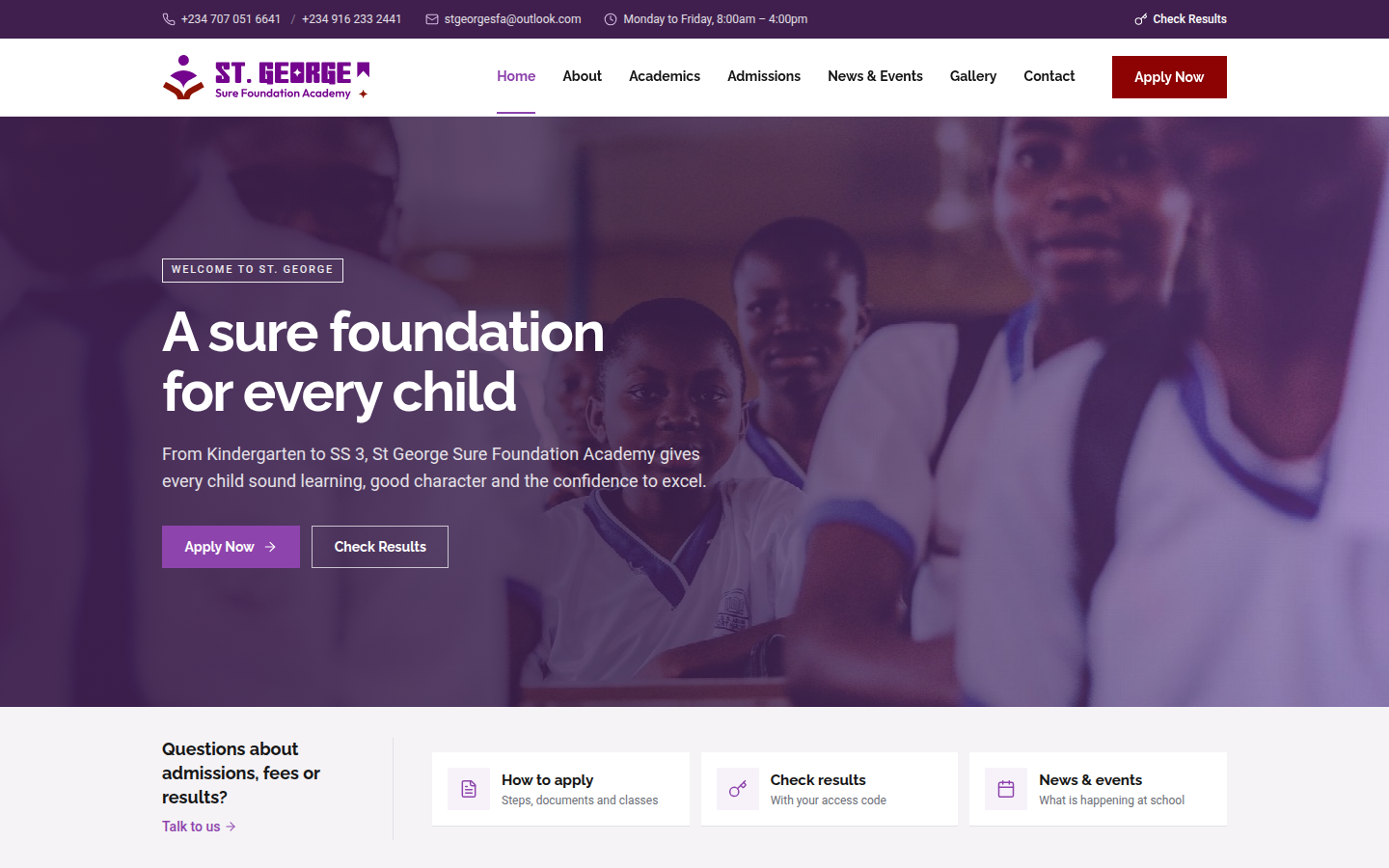 A school’s public website made with Registra: the St George Sure Foundation Academy home page