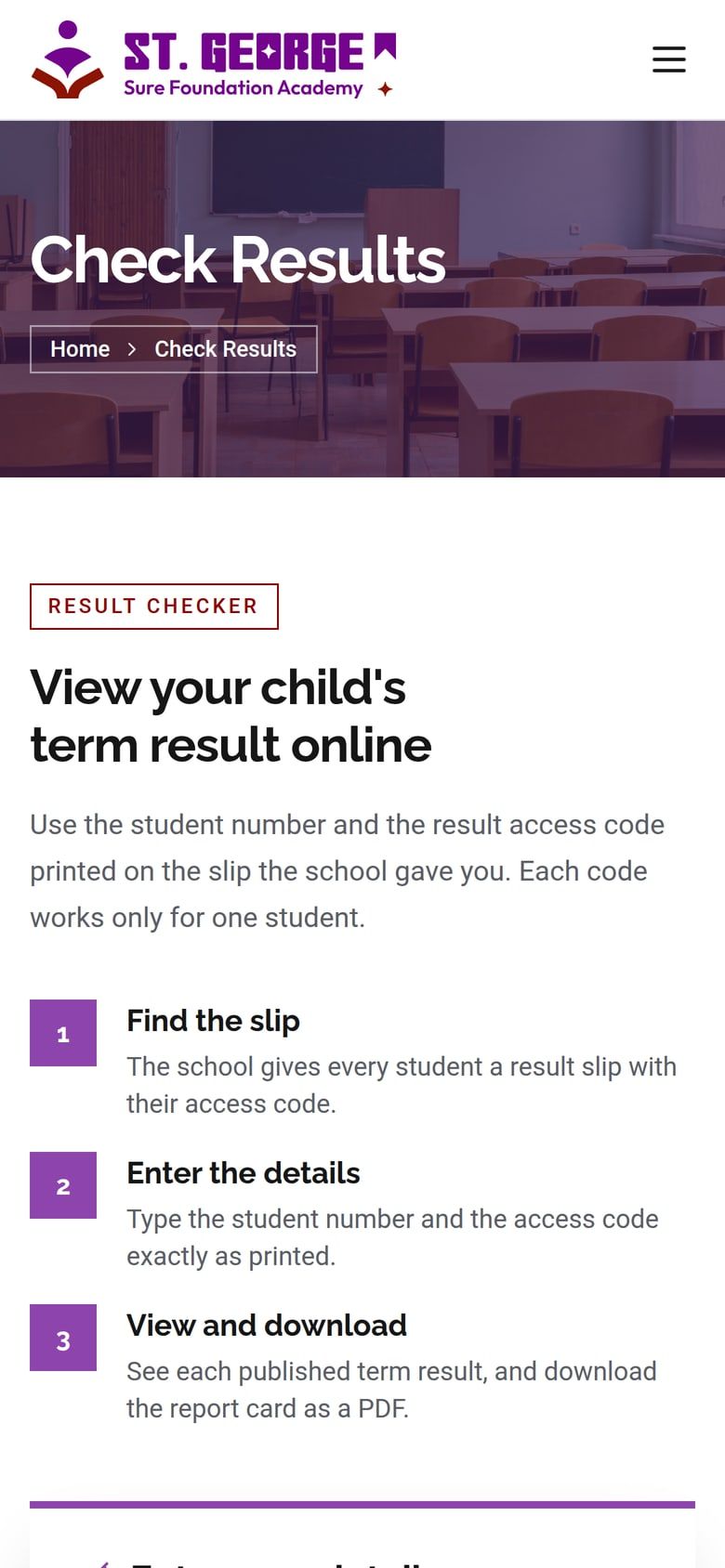 The school website’s result checker on a phone