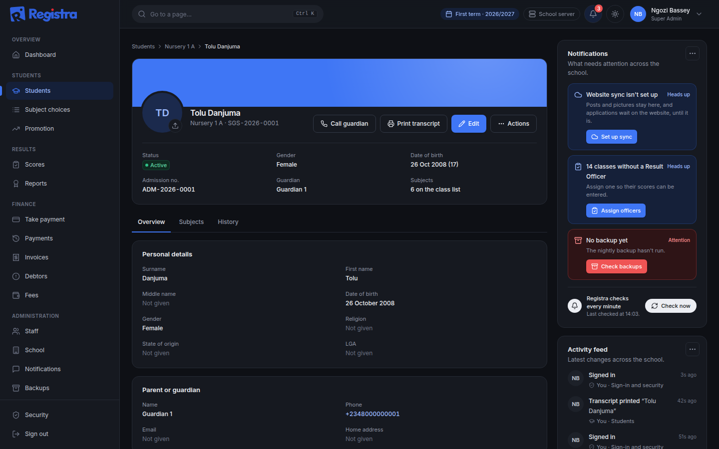 A demo student’s profile with class, guardian, fees and results, in dark mode