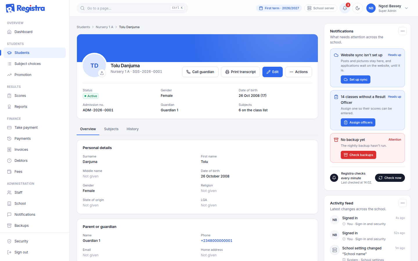 A demo student’s profile with class, guardian, fees and results